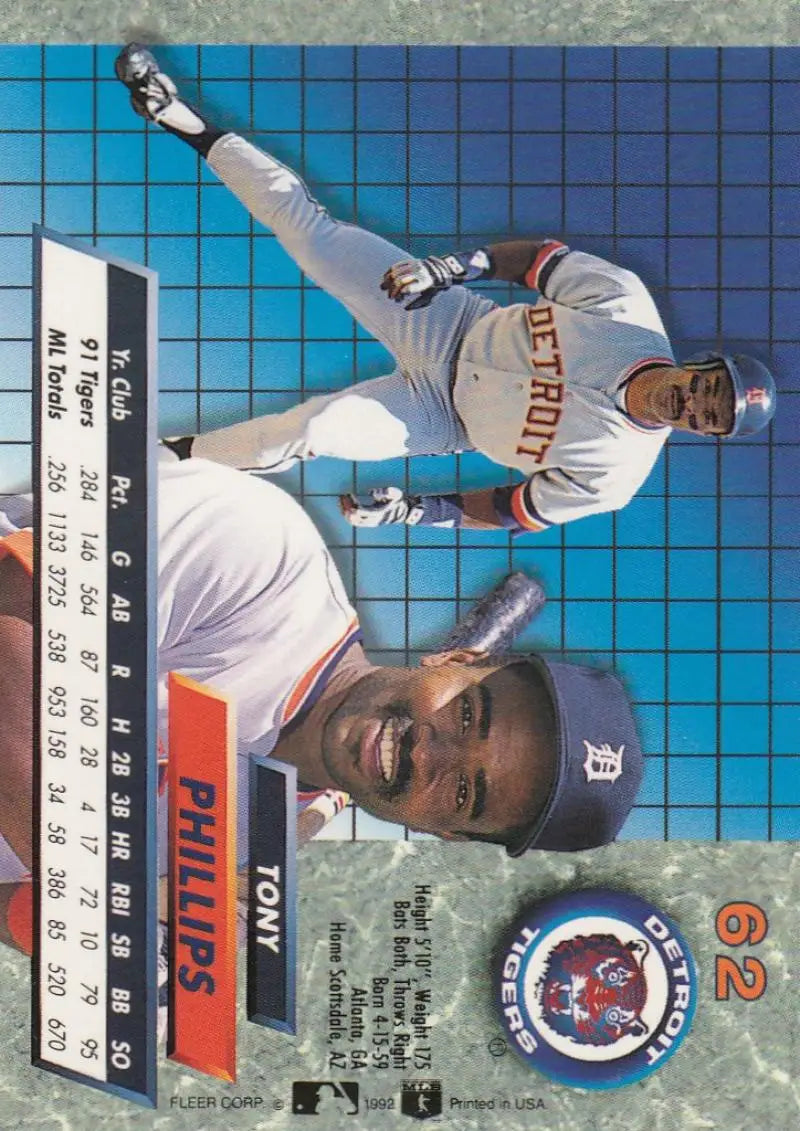 Baseball card of Tony Phillips in action for Detroit Tigers, 1992 Fleer Ultra