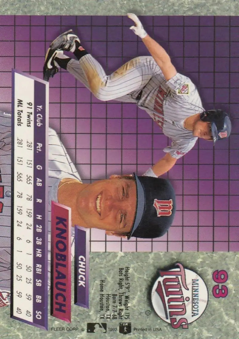 Baseball card of Chuck Knoblauch in action for the Minnesota Twins, Fleer Ultra 1992