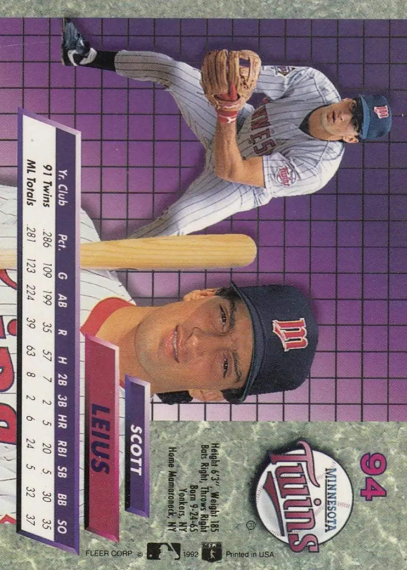 Scott Leius in pitching motion on a Minnesota Twins baseball card from 1992 Fleer Ultra