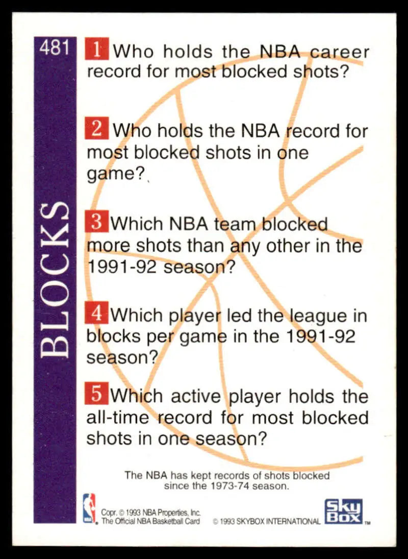 NBA trivia card featuring David Robinson blocked shots stats for San Antonio Spurs