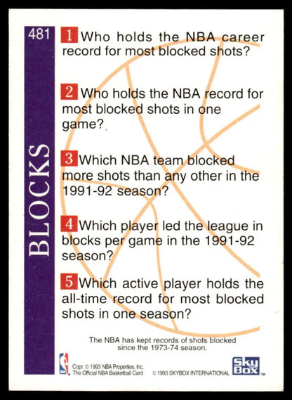 NBA trivia card featuring David Robinson blocked shots stats for San Antonio Spurs