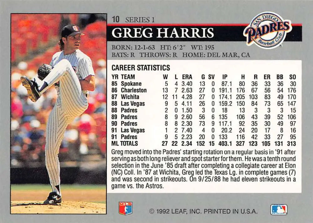 Greg Harris San Diego Padres pitcher in pinstripe uniform mid-delivery baseball card