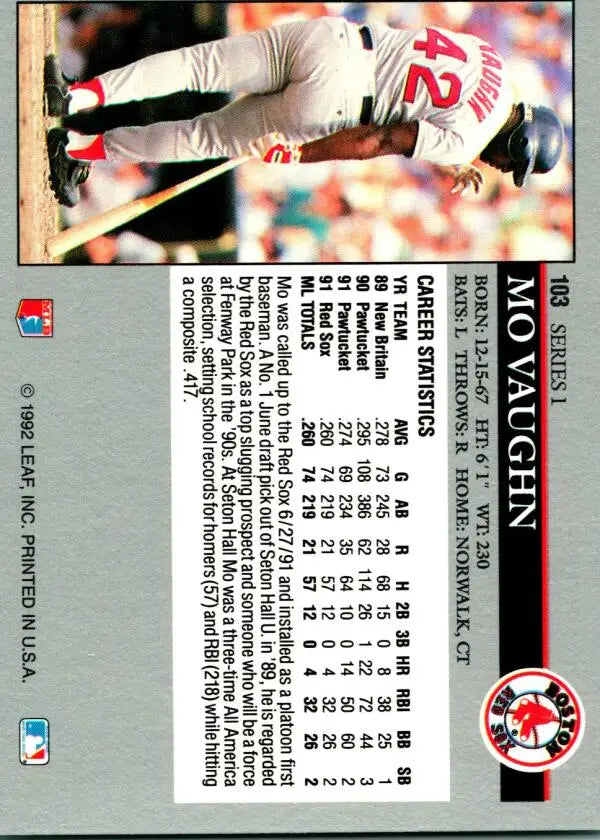 Baseball card of Mo Vaughn in batting stance for the Boston Red Sox