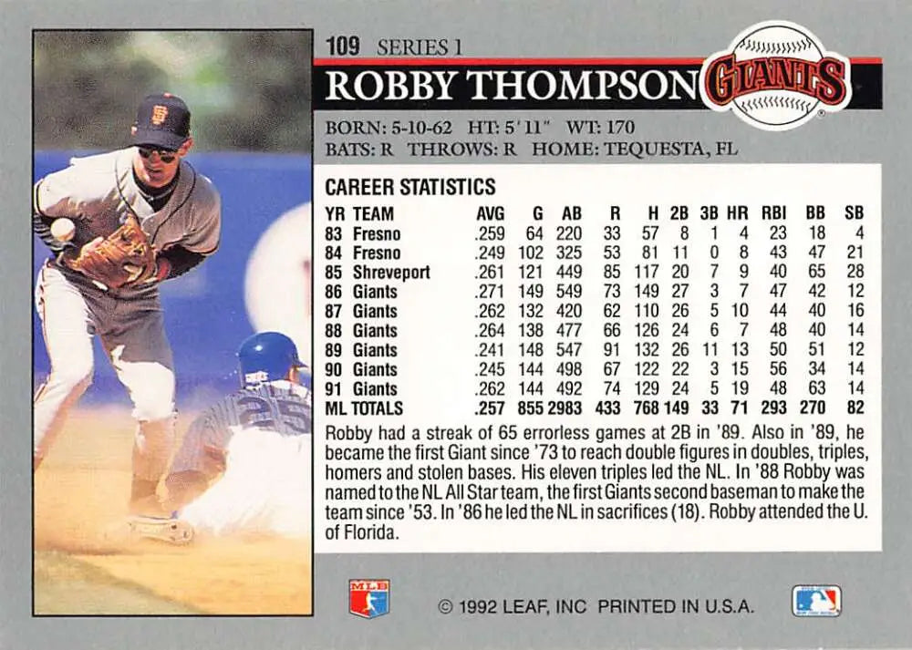 Robby Thompson fielding at second base on 1992 Leaf San Francisco Giants Baseball Card