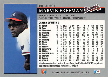 Baseball card of Marvin Freeman with career stats for the Atlanta Braves from 1992