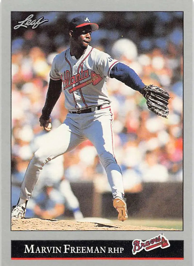 Baseball card of Marvin Freeman, Atlanta Braves pitcher in mid-delivery motion