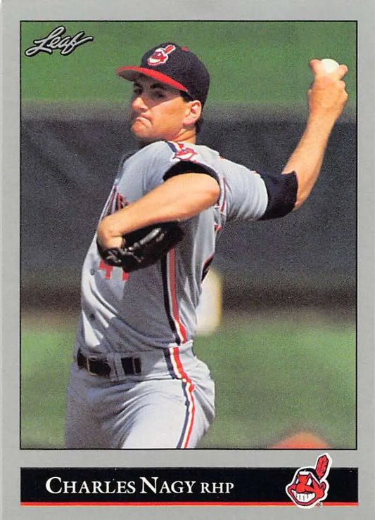 Charles Nagy mid-pitch in Cleveland Indians uniform for 1992 Leaf baseball card