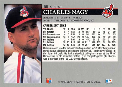 Baseball card of Charles Nagy showcasing Cleveland Indians team branding and stats