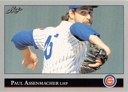 Baseball pitcher Paul Assenmacher in Chicago Cubs uniform mid-delivery on card