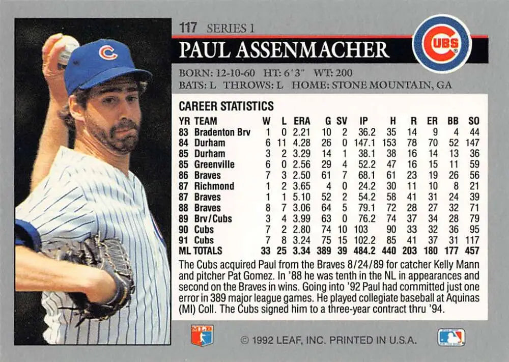 Baseball card of Paul Assenmacher pitching in a Chicago Cubs pinstriped uniform