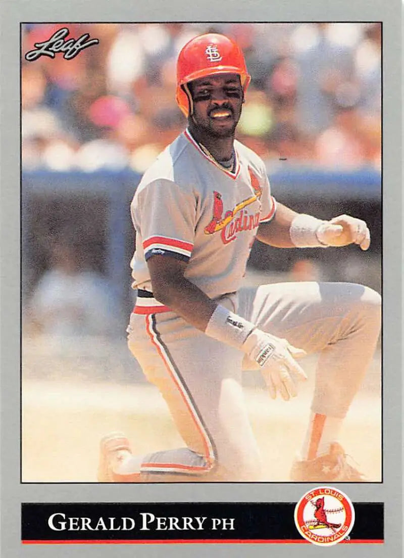 Gerald Perry sliding into base on 1992 Leaf St. Louis Cardinals Baseball Card