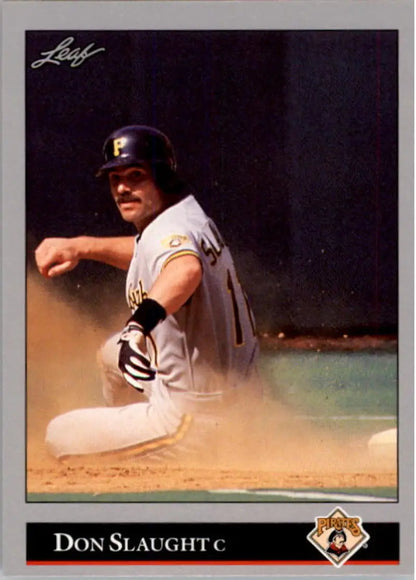 Don Slaught sliding into base in Pittsburgh Pirates uniform on baseball card