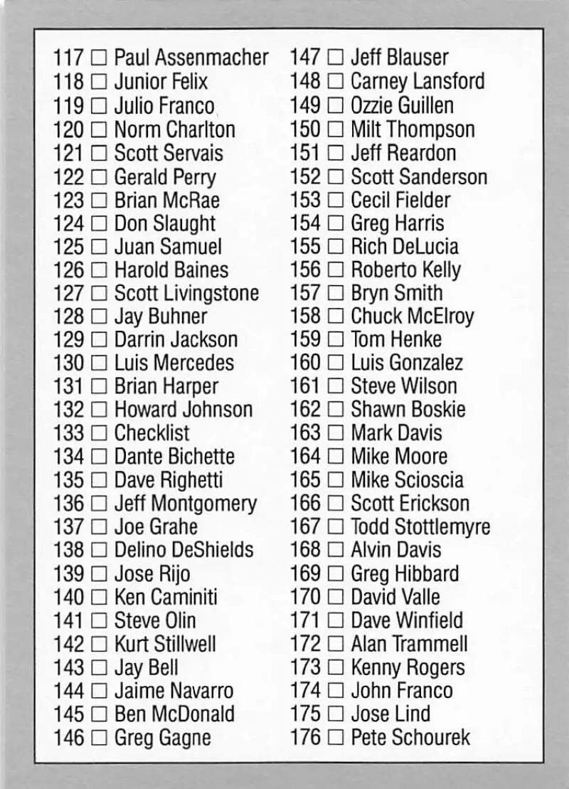 Numbered roster of names from 117 to 176 featured in Nolan Ryan Texas Rangers Baseball Card