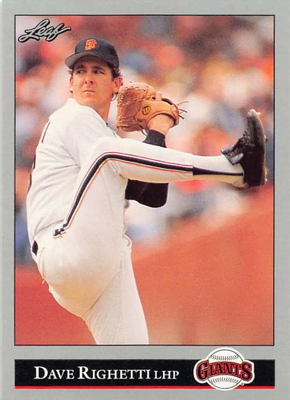 Dave Righetti mid-pitch in San Francisco Giants uniform on 1992 Leaf baseball card