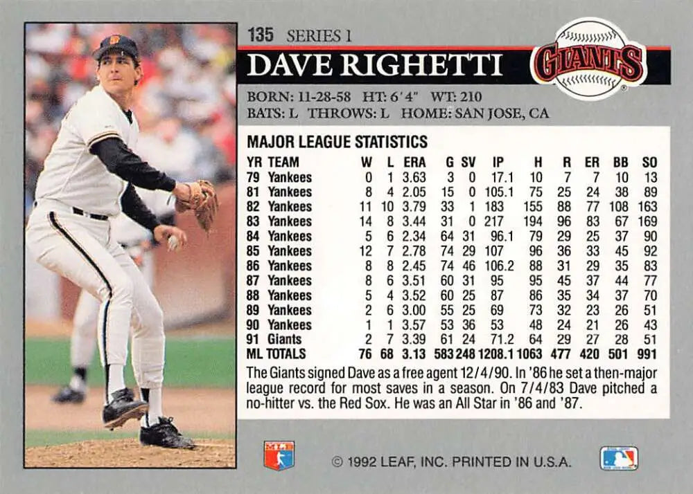 Baseball card of Dave Righetti pitching in a white uniform for San Francisco Giants