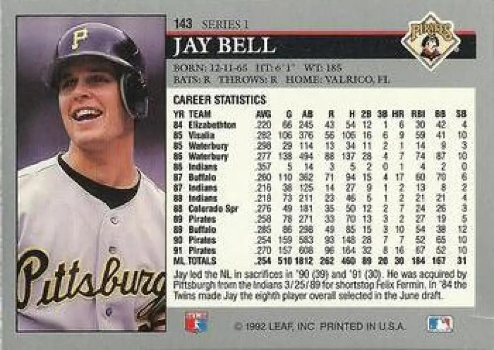 Jay Bell smiling on a 1992 Leaf Pittsburgh Pirates Baseball Card with black cap