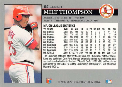 Milt Thompson in batting stance on a St. Louis Cardinals baseball card from 1992