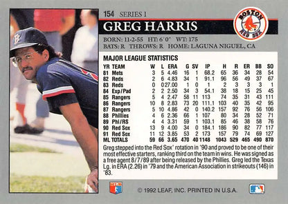 Baseball card of Greg Harris, Boston Red Sox player in dark cap and uniform