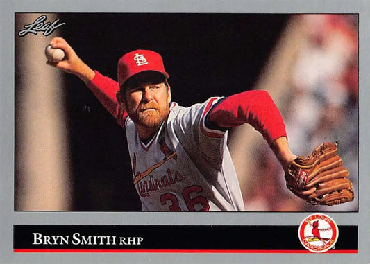 Bryn Smith pitching in gray uniform on 1992 Leaf St. Louis Cardinals Baseball Card