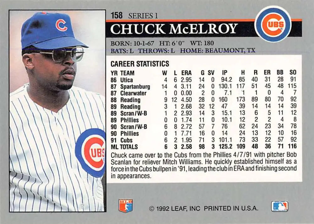 Baseball card of Chuck McElroy in sunglasses and a blue Chicago Cubs cap