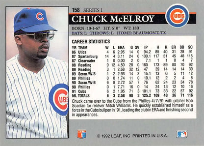 Baseball card of Chuck McElroy in sunglasses and a blue Chicago Cubs cap