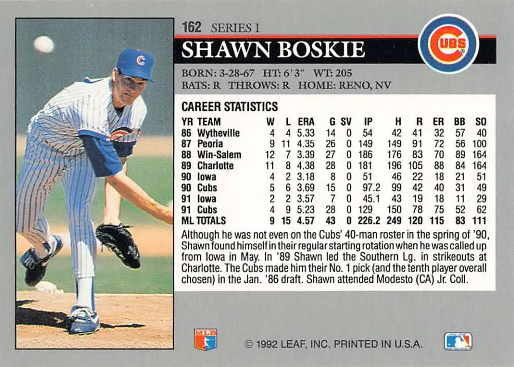 Baseball card of Shawn Boskie, Chicago Cubs pitcher in blue uniform mid-delivery