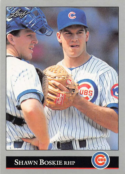 1992 Leaf Shawn Boskie Baseball Card of Chicago Cubs Pitcher and Catcher in Pinstripes