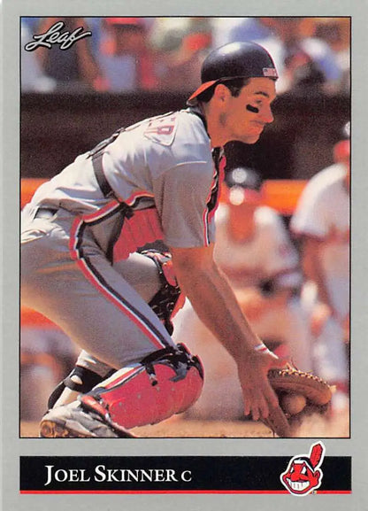 Cleveland Indians Baseball Card of Joel Skinner in crouching position ready to field