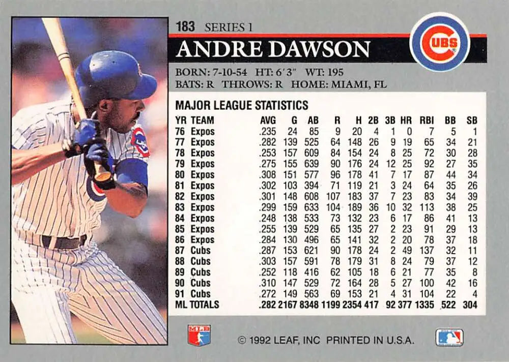 1992 Leaf #183 Andre Dawson Chicago Cubs Baseball Card featuring player stats on back