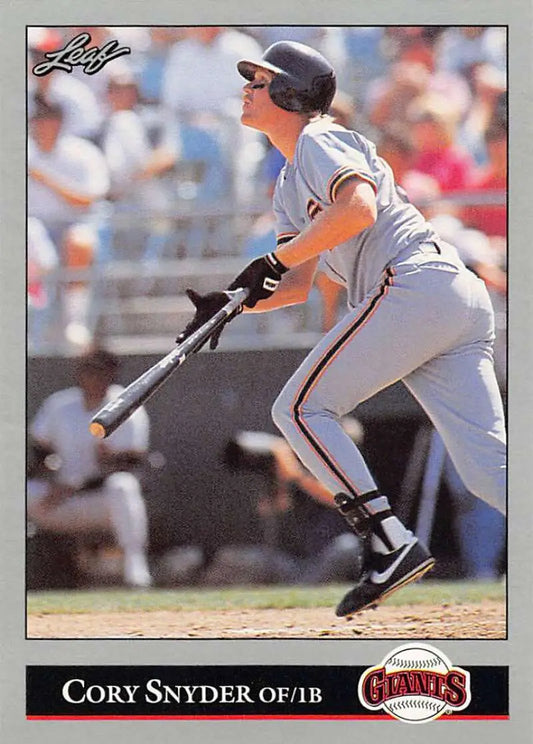 Baseball card of Cory Snyder batting for the San Francisco Giants in a game