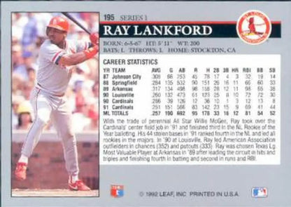 Ray Lankford at bat in red uniform on 1992 Leaf St. Louis Cardinals Baseball Card