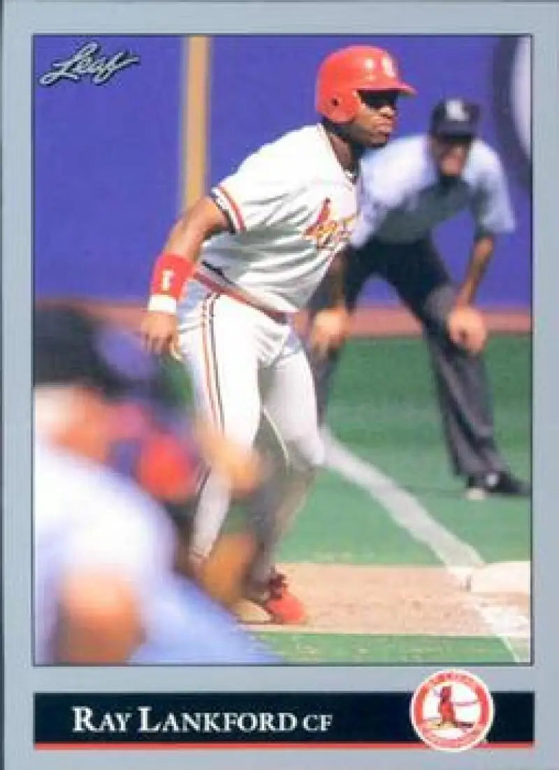 Baseball card of Ray Lankford, St. Louis Cardinals outfielder in white and red uniform