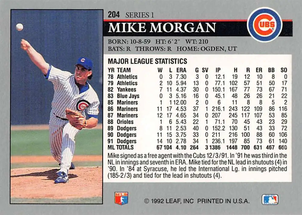 Mike Morgan in mid-throw on 1992 Leaf #204 Chicago Cubs Baseball Card