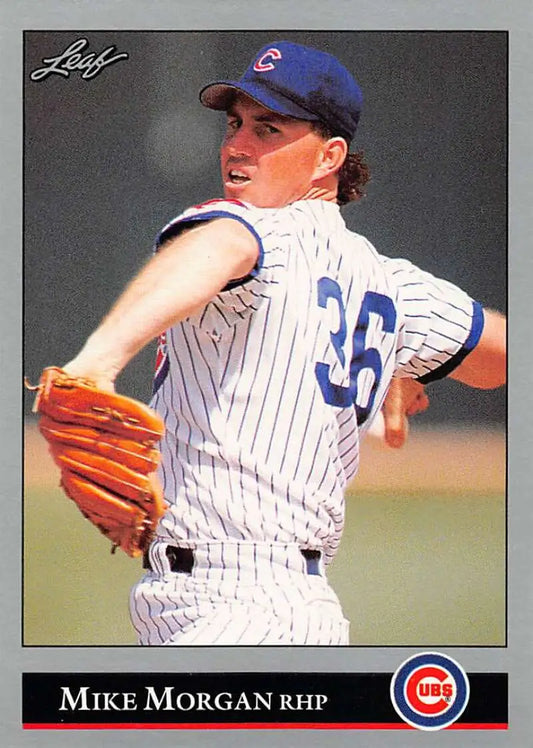 Mike Morgan in Chicago Cubs pinstriped uniform preparing to pitch for Chicago Cubs baseball