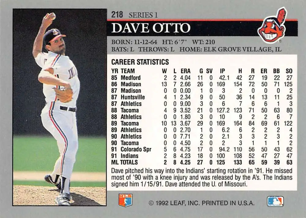 Baseball card of Dave Otto pitching for the Cleveland Indians in 1992 Leaf series