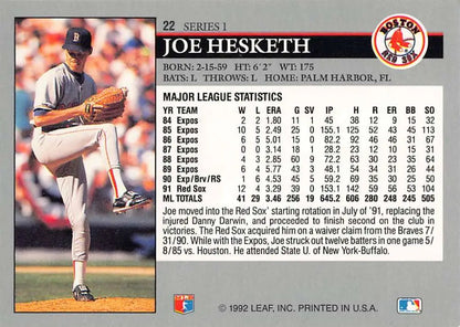 1992 Leaf Baseball Card featuring Joe Hesketh of the Boston Red Sox