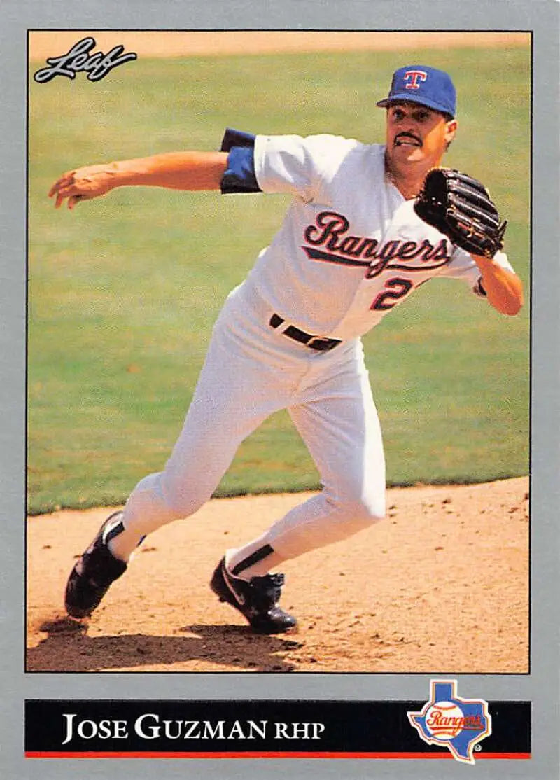 Texas Rangers pitcher Jose Guzman mid-delivery on the mound for a baseball card