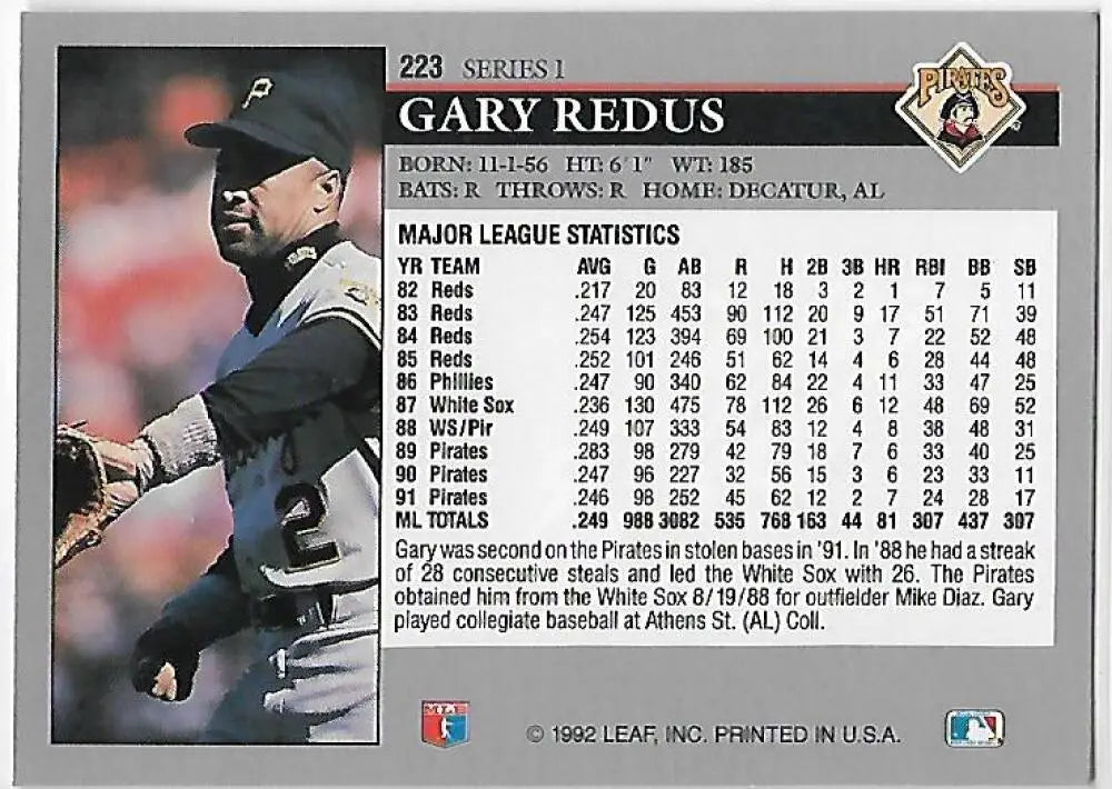 Gary Redus Pittsburgh Pirates Baseball Card featuring career stats on the back