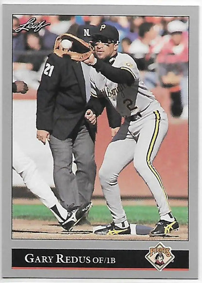 Gary Redus fielding stance alongside umpire on 1992 Leaf Pittsburgh Pirates baseball card