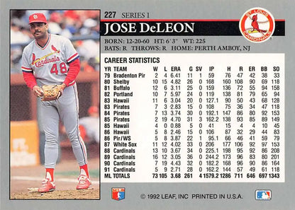 Jose DeLeon in uniform on pitcher’s mound, 1992 Leaf St. Louis Cardinals baseball card