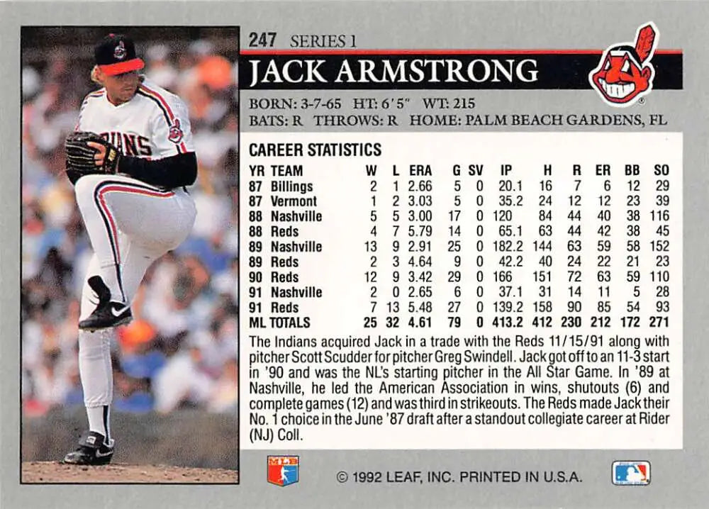 Cleveland Indians Jack Armstrong baseball card in mid-throwing motion, white uniform