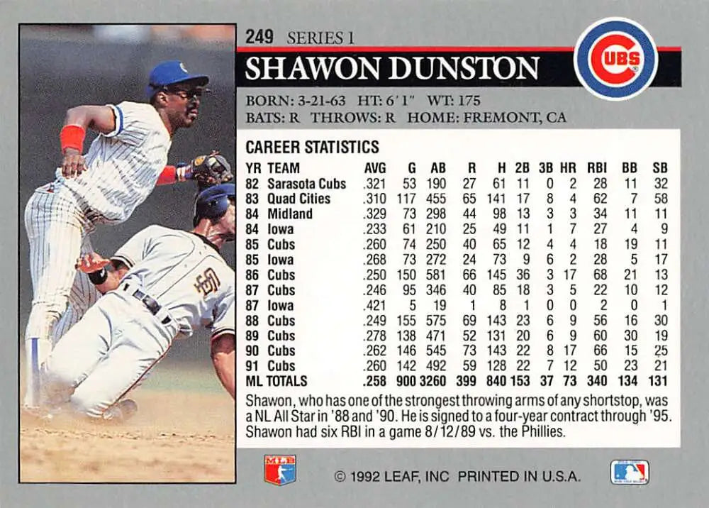 Shawon Dunston fielding a ground ball on 1992 Leaf Chicago Cubs baseball card