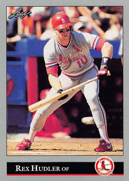 Baseball player Rex Hudler in St. Louis Cardinals uniform preparing to bunt