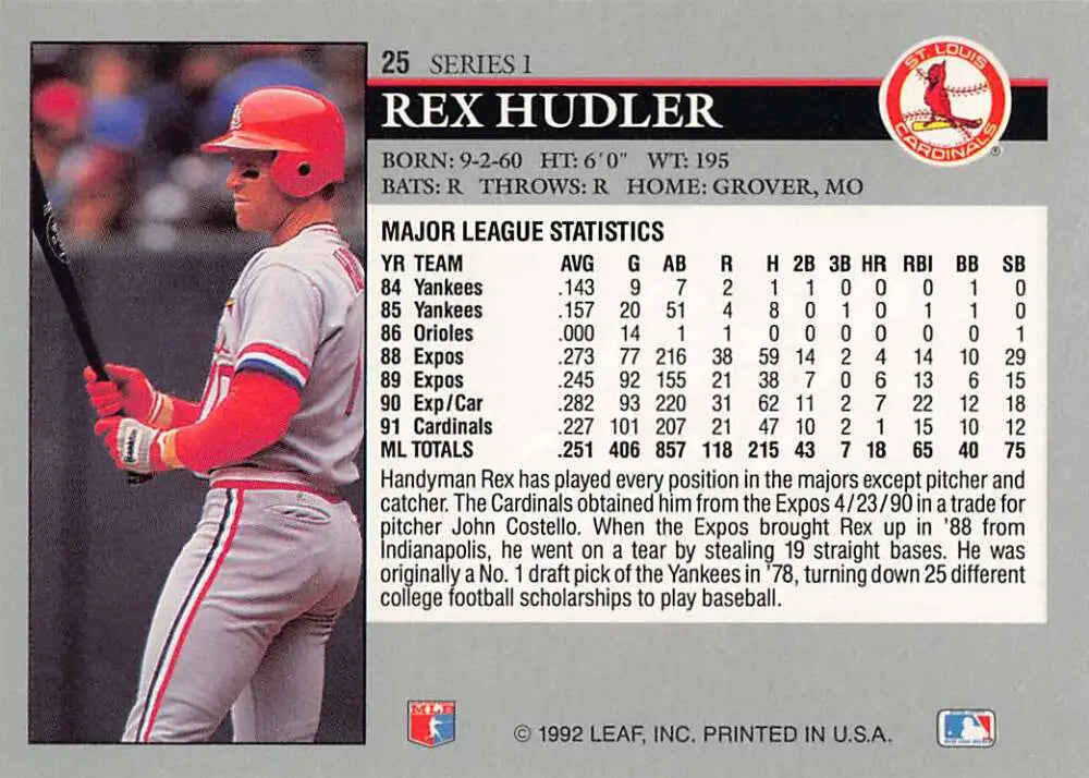 Rex Hudler batting stance on a 1992 Leaf St. Louis Cardinals baseball card