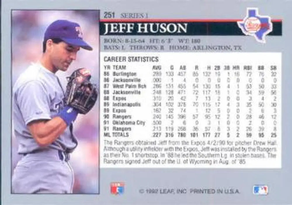 Texas Rangers baseball card of Jeff Huson in a pitching stance wearing purple uniform