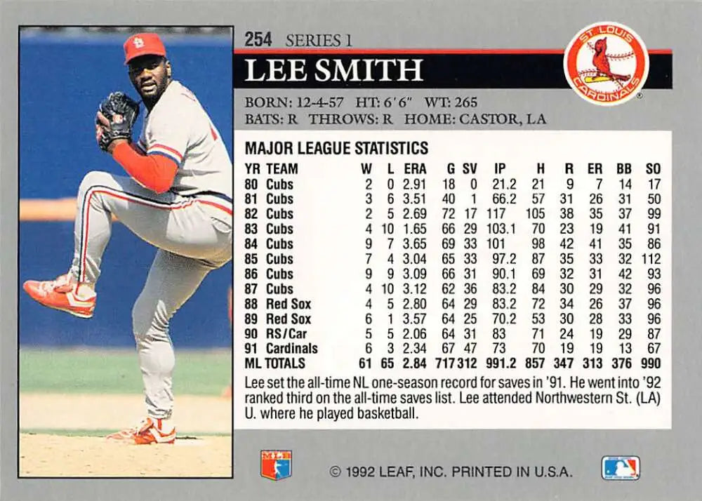 Lee Smith mid-delivery pitching on 1992 Leaf St. Louis Cardinals Baseball Card