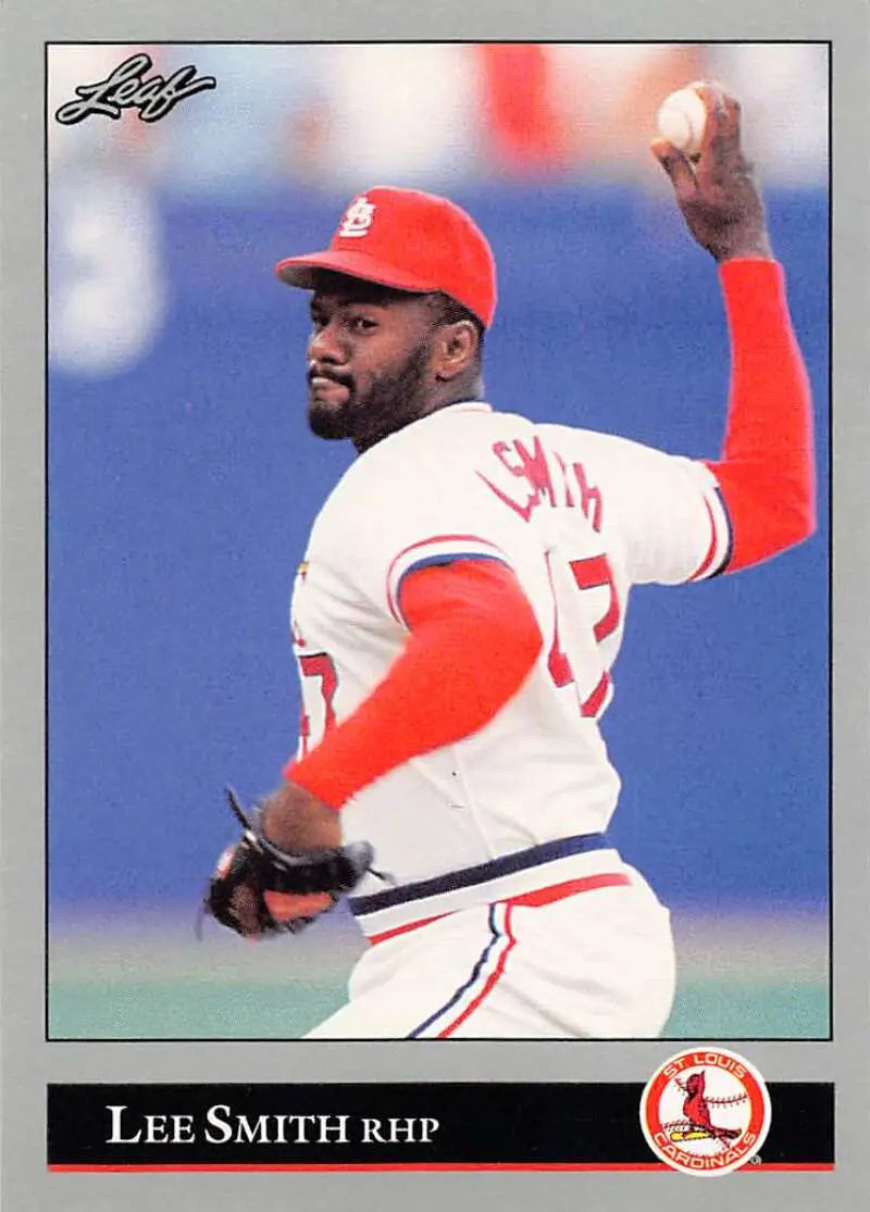 Lee Smith pitching in white and red uniform, featured on a St. Louis Cardinals baseball card