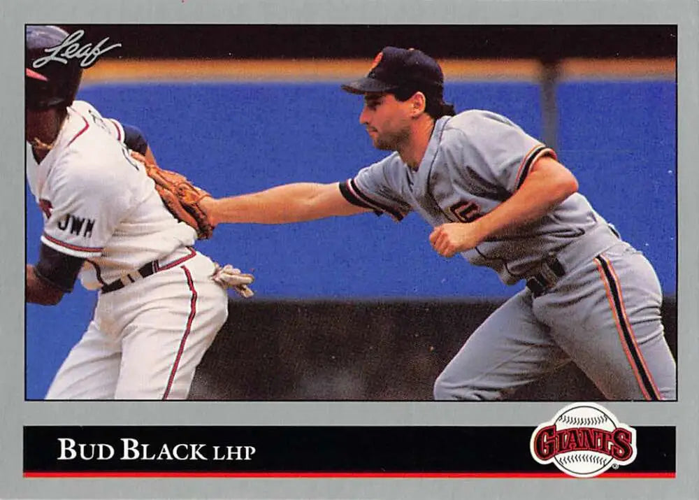 1992 Leaf #3 Bud Black Baseball Card featuring San Francisco Giants player tagging out runner