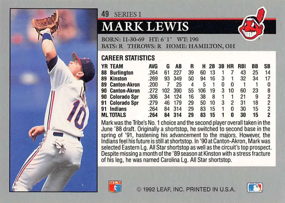 Baseball card of Mark Lewis leaping to catch for the Cleveland Indians