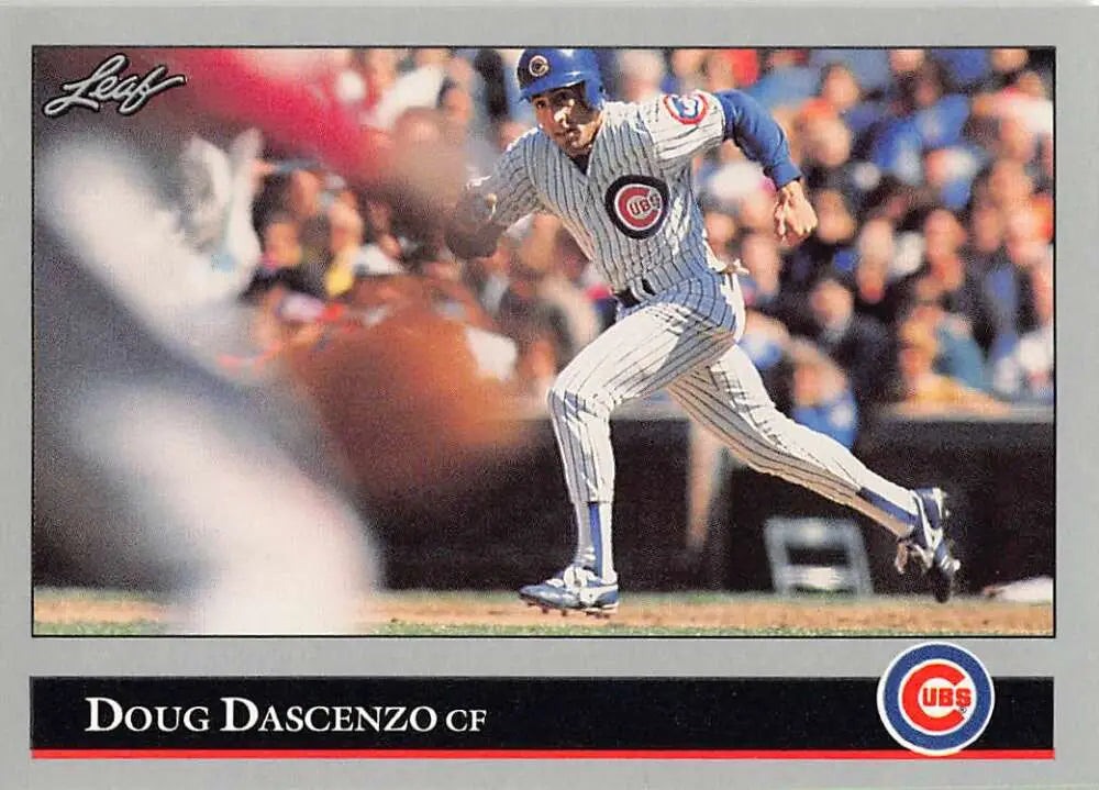 Baseball card of Doug Dascenzo in Chicago Cubs pinstriped uniform mid-pitch